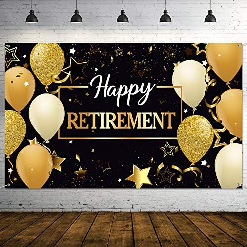 Decorações de festas felizes de aposentadoria, tecido extra grande preto e dourado feliz aposentadoria bandeira de fotografia foto de fundo de fundo com corda para a festa de aposentadoria favor, 70,8 x 43,3 polegadas