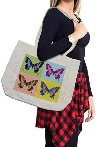 Bolsa de compras de Butterfly de Ambesonne, Pop Art Art Swallowtail Pavilions Wild Life Transcendent Energias de asas coloridas, bolsa reutilizável ecológica para a praia de mantimentos e mais, 15,5 x 14,5, creme