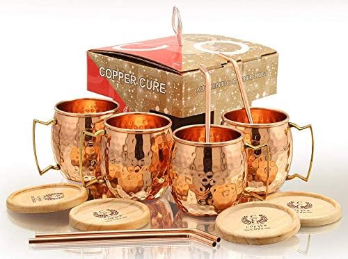 Canecas puras de cobre com canudos de cobre e montanhas -russas de madeira Conjunto de 4 - Cups de cobre de qualidade -16 oz