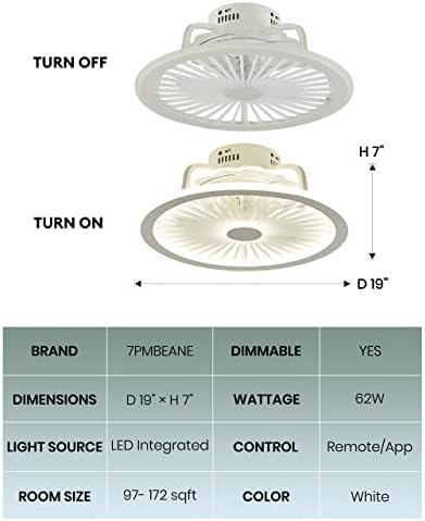 7pmbeane ventilador de teto de baixo perfil com luzes, 62W Modern Flush Mount Teto Fabs com luz e remoto, 3 cores LED reduzível