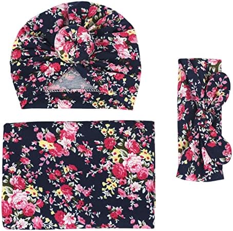 Baby Girl recém-nascido recebe cobertor com fita para a cabeça, Wrap Swaddle de padrão floral vintage por 0-12 meses, 80 x 80cm