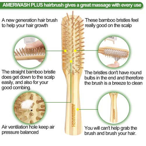 Escova de cabelo de bambu com ferramenta mais limpa para cabelos cacheados e lisos de espessura, cerdas de bambu ajudam o crescimento do cabelo, aprimoram o brilho e a saúde - 2 pacote
