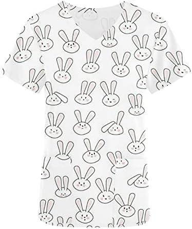 Blusas femininas para o dia da Páscoa coelhos impressos de manga curta V pescoço solto e confortável férias aconchegantes camisetas de enfermagem