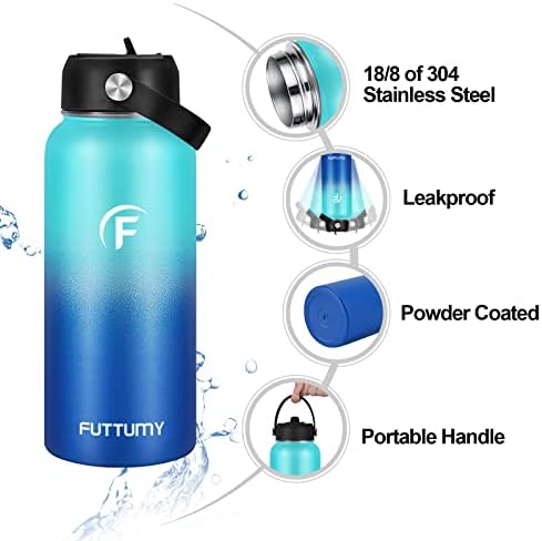 Garrafa de água aço inoxidável futuro com palha, garrafa de água de 32 onças com tampa de bico e tampa de palha, garrafa