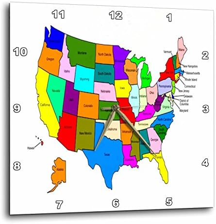 3drose dpp_80586_3 mapa colorido dos Estados Unidos para crianças relógio de parede, 15 por 15