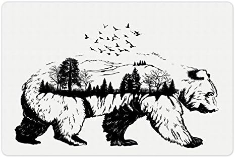 Tapete de estimação de cabine lunarável para alimentos e água, traço à mão Urso de dupla exposição com árvores florestais