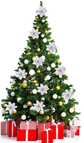 16 peças Decorações de árvore de Natal Flores, enfeites de árvore de Natal, Flores de Poinsettia Artificial Glitter Glitter com clipes e galhos