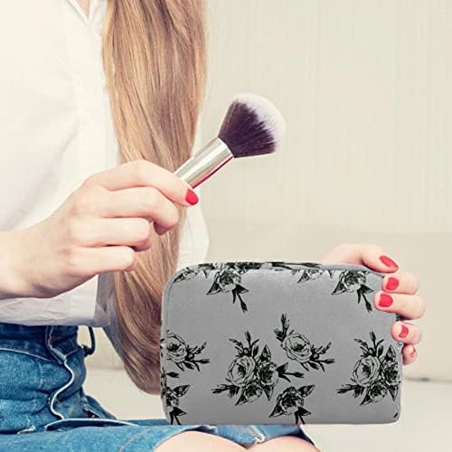 Black Print Flower On Grey Background Travel Sagão de maquiagem grande fofo zíper portátil bolsa de maquiagem de bolsas para mulheres meninas, saco de maquiagem