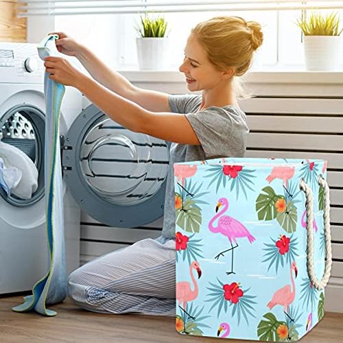 Flores de flamingos deixa grande cesto de roupa com alça de transporte fácil, cesta de roupa dobra de lavanderia à prova