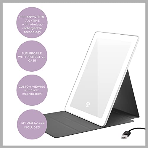 Mirror LED da CONAIR, espelho de viagem, estilo de tablet com caixa, 1x ampliação e espelho de 5x, recarregável em