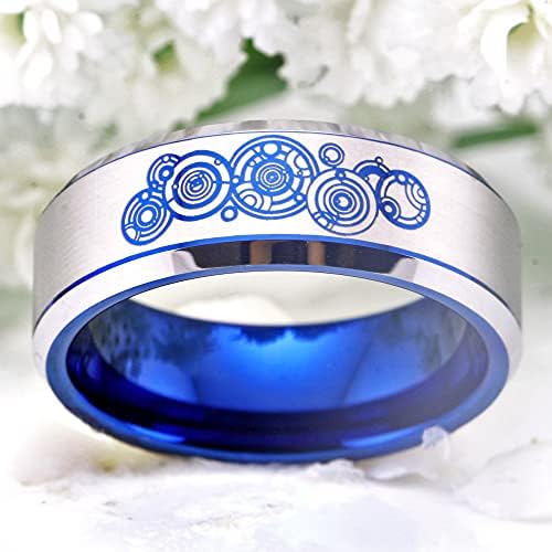Doctor de dançarina em nuvem Who Brand tungsten carboneto anel de 8 mm de largura azul com anel de borda prateada para casamento - gravação personalizada grátis
