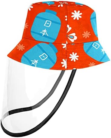 Chapéu de proteção para adultos com escudo facial, chapéu de pescador anti -sun tap, flor de lanterna azul vermelha japonesa