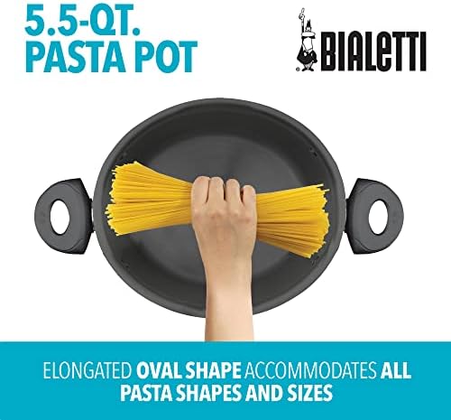 Bialetti Oval Aluminium 5.5 Quart Pasta Pot com tampa de filtro, antiaderente, preto