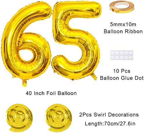 Maigendoo Jumbo 65 Balão de 40 polegadas de 40 polegadas Balões de grande dígito Ballons enorme balão de balão Mylar Balloon com decorações de redemoinho para o evento de celebração da festa de formatura de 65 anos, ouro, ouro