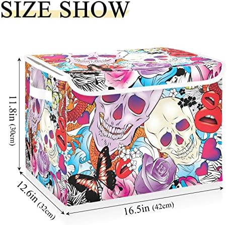 Innwgogo Floral Colorful Skull Skin Storage Bins com tampas para organizar cestas de armazenamento com alças Oxford Ploth Storage Cube Box for Room
