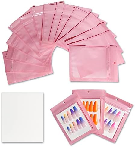 Zezzio 50 peças Pressione Pressione em bolsa de embalagem de unhas, incluindo sacos de 50pcs rosa e papelão branco 50pcs para pressionar no proprietário da loja de unhas