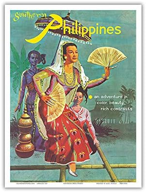 Sul das Filipinas - Uma aventura em cor, beleza, contrastes ricos - Singkil Dancers - Pôster de viagem vintage - Print de arte mestre 9in x 12in