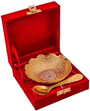 Tigela de latão banhada a prata e ouro com colher de 4 polegadas de diâmetro com uma bela caixa melhor para presentear presente diwali presente