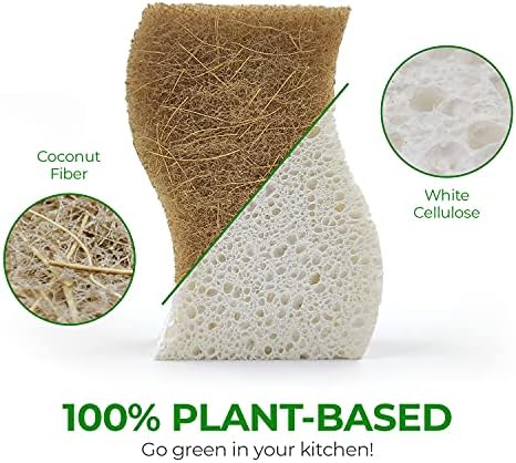 Esponja de cozinha natural biodegradável AirNex - Espurro de lavadora de nozes com celulose e coco compostável - pacote de 12 esponjas ecológicas para pratos com pacote de 16 esponjas compactadas de celulose