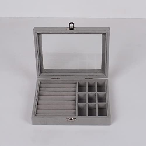 Caixa de armazenamento de jóias YNXEE, Brincos anéis de jóias simples com tampa de janela transparente, veludo cinza, 8