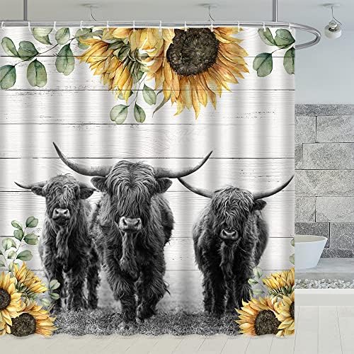 NYJSMYG Highland Cattle chuveiro Cortinas de fazenda rústica Animal de animais de vento cenário ao ar livre Decoração de banheiro temática Decoração de cortina pendurada conjuntos de 70 x 70 polegadas com ganchos
