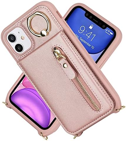 Jaorty iPhone 11 Caso para mulheres com titular de cartão, carteira de capa do iPhone 11 com cinta, estacas crossbody corejas com slots de cartão de crédito Kickstand com estojo de suporte do anel, 6,1 polegadas, rosa -rosa