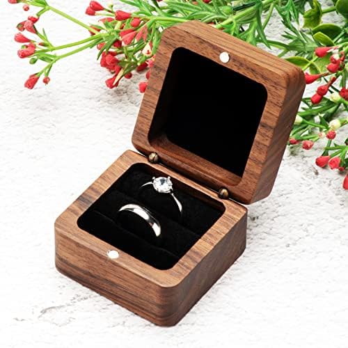 Caixa de caixa de anel dupla de madeira quadrada de Cosso para a proposta de noivado de cerimônia de casamento, suporte para anel de madeira para 2 anéis