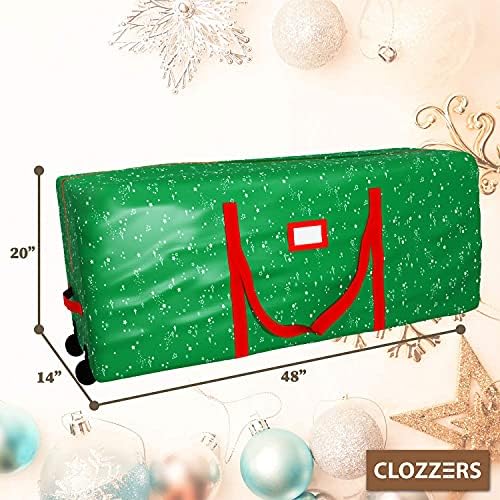 Clozers Christmas Rolling Tree Storage Bag - mede 48 x 15 x 20 ”para árvores de até 7,5 pés de altura, serviço pesado, proteção de poeira e fechamento de zíper resistente à água com rodas e alças robustas, estrelas verdes impressas