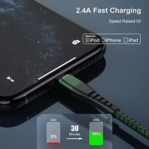 3 Pacote iPhone Charger 1ft, Cabo de Lightning Certificado Certificado com Apple MFI Cabo de carregamento de nylon forte 1 pés, cabo USB rápido para iPhone para Apple iPhone11/x/xs/xr/8/7/6/5s/se/ipad mini ar （verde）