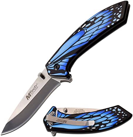 MTECH EUA MT-A1005BL Spring Assist dobring Knife, lâmina polida do espelho, alça de borboleta azul, 7,5 geral