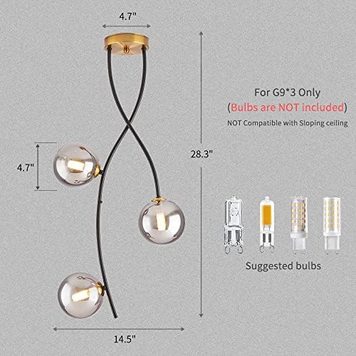 Quoobe moderno meados do século preto e dourado 3 luz pendente de luz com tonalidade de vidro globo, acessório de teto de fazenda