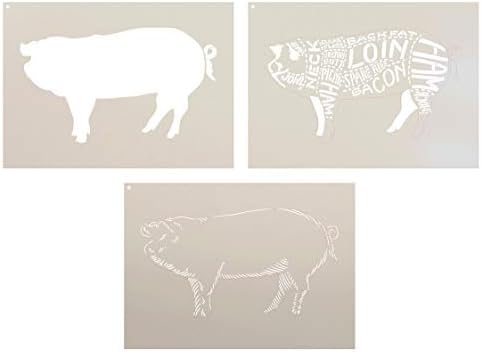 Cortes de estêncil de porco - 3 parte por Studior12 | Modelo Mylar reutilizável | Use para pintar sinais de madeira -