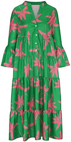 2023 Summer Floral Dished moda maxi vestido com mangas de manga de vestido de pescoço de pescoço Vestido casual verde