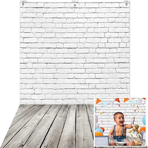 Giumsi Polyester 5x7,7ft parede de tijolos brancos com pano de piso de madeira pano de fundo com 3 ganchos para chá de bebê recém -nascido retrato de fundo de fundo de fundo
