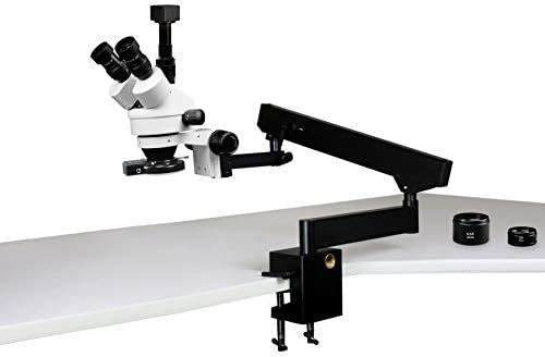 Vision Scientific VS-7FZ-IFR08-5N Microscópio estéreo de zoom trinocular de zoom, 10x WF, 3,5x-90x, ampliação, lente auxiliar de 0,5x e 2x, suporte de braço articulado, câmera ocular de 5.0mp digital