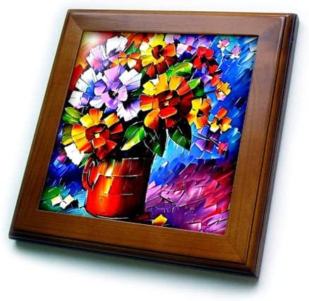 3drose abstrato flores coloridas, folhas em uma jarra de metal. Artístico legal. - ladrilhos emoldurados