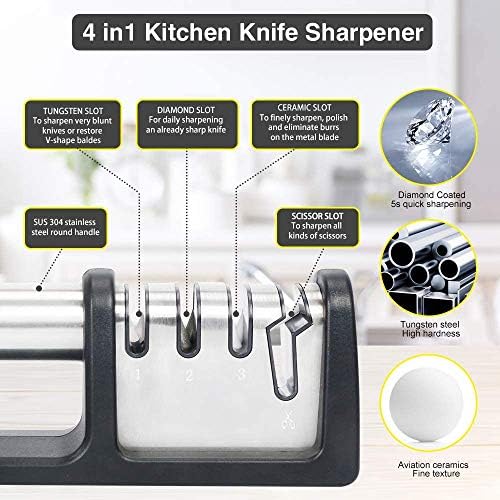 Facas de faca Faca de cozinha de 4 estágios e afiadores de tesoura com 304 dedo guardador de dedos e escova de limpeza