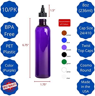 Kelkaa 8oz Cosmo redondo garrafas de plástico de estimação roxa com tampas de torção pretas para shampoo, condicionador,