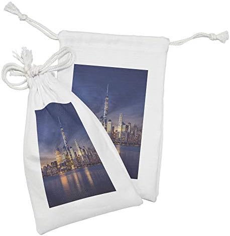 Conjunto de bolsas de tecido da paisagem urbana de Ambesonne, de 2, Nova York Manhattan após a imagem do pôr do sol com o rio