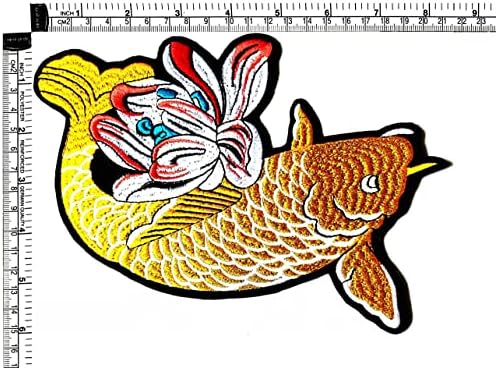 Kleenplus. Grande grande jumbo sortudo japão japão carpa koi amarelo peixe belo lótus ferro em remendos estilo moda bordada motividade