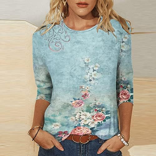 Tampas de manga de 3/4 de comprimento médio para mulheres coloridas camisas de impressão floral coloridas Bloups casuais