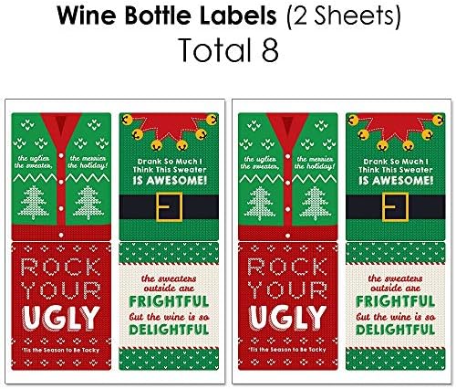 Big Dot of Happiness Sweater Ugly - mini rótulos de garrafas de vinho, rótulos de garrafas de vinho e rótulos de garrafas de água - Decorações de festas de férias e Natal - Kit de barra de bebidas - 34 peças