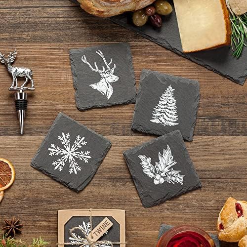 Viski Coasters quadrados festivos com desenhos exclusivos, ardósia com apoio de veludo, mesas e superfícies protegidas, conjunto de 4, preto