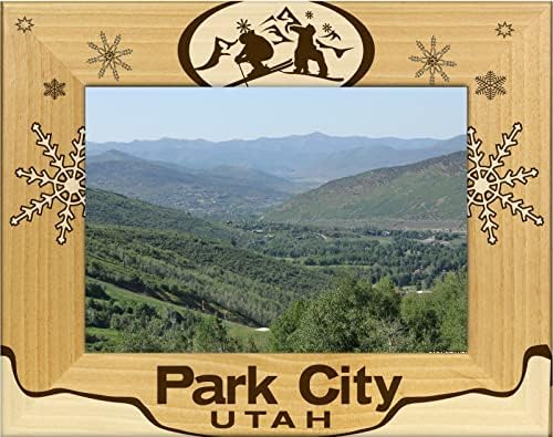Saddle Mountain Sovenir Park City Utah com o esquiador a laser gravado a paisagem de moldura de madeira