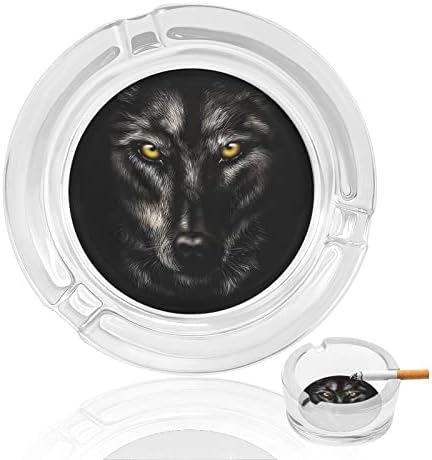 Retrato de cinzas de vidro de lobo preto para cigarros redondo bandejas de cinzas para escritório em casa e restaurantes