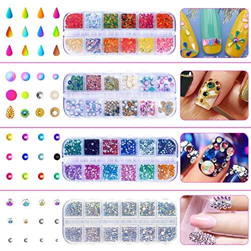 Joyjuly Nail Gems - 4 caixas strass para unhas 10 potes Glitter de unhas 3d unhas jóias de unhas com strass de várias formas