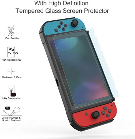Caso de proteção de Leyusmart para Nintendo Switch, Protector de tela de vidro IDEA de presente e tampas de polegar preto vermelho