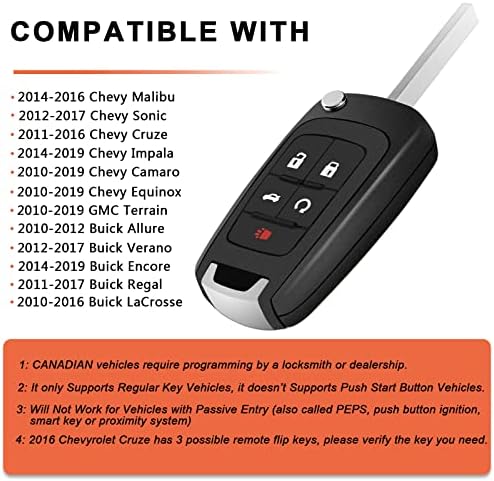 SaverRemotes Key FOB compatível com 2010-2019 Chevy Equinox/Camaro/Cruze/Malibu/Impala/Sonic/GMC Terrain/Buick Lacrosse/Regal/Verano/Encore