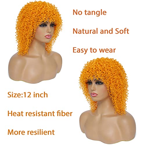 Elvirgel Orange Afro Wigs com franja para mulheres negras laranja curta e loiro perucas de cabelo encaracolado perucas queimadas para