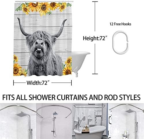 Cortina de chuveiro de vaca do Yebteo Highland, cortina de chuveiro rústica da fazenda, cortinas de chuveiro de tecido para decoração de cortina de chuveiro ponderada no banheiro com 12 ganchos 72x72 em